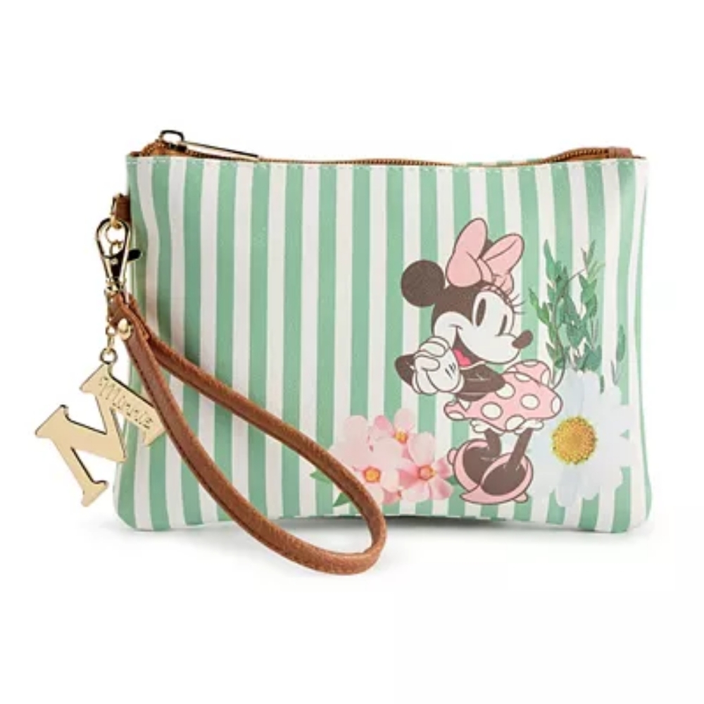 Disney minnie mouse sage green white stripe floral leather wristlet pouch